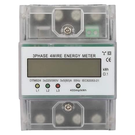 Three Phase KWh Meter, Transparent LCD Backlit Digital Energy Consumption Monitor 220 380V 5 80A Class 1 4 Wire Power Usage Display for Industrial Panels Black 1 Pack