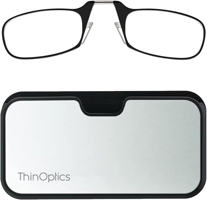 ThinOptics Universal Case and Readers Rectangular Reading Glasses, Silver Black Metal Pod with Black Frames, 1.5 Strength