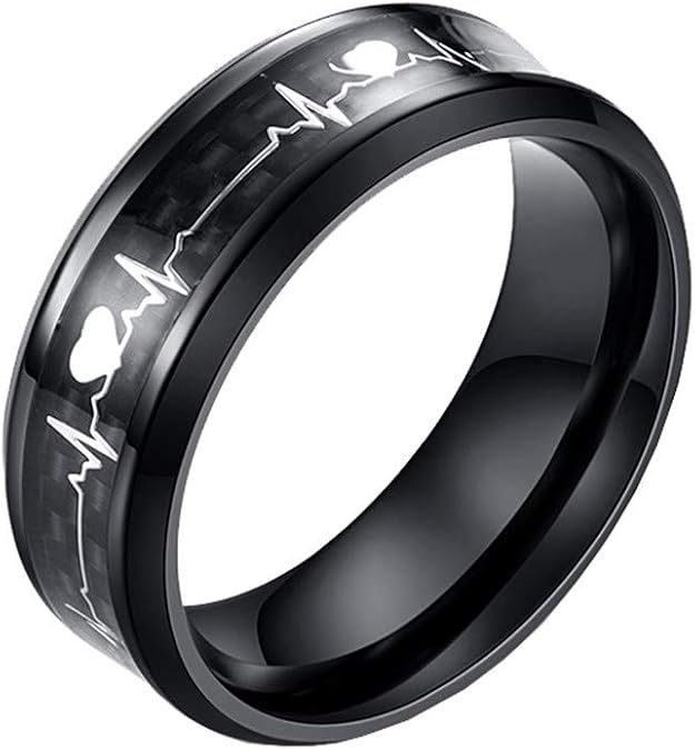 Men's Women's Stainless Steel Simple Electrocardiogram Carbon Fiber ECG Heartbeat Ring
