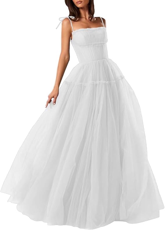 Spaghetti Straps Prom Dresses Tulle Long Formal Evening Party Gowns for Women Backless Bridesmaid Dress A-Line