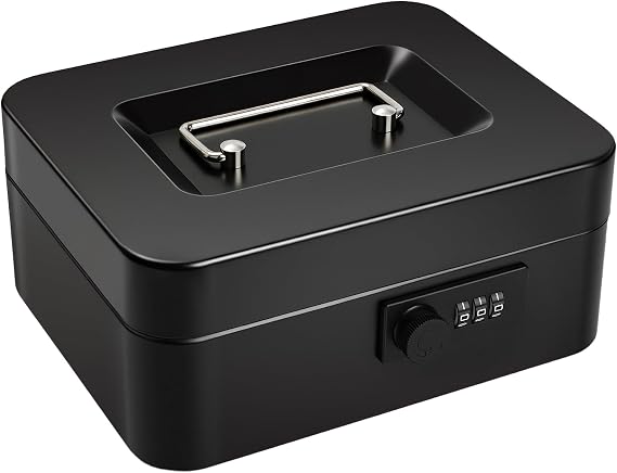 Cash Box with Combination Lock, Money Tin Box with Coin Tray, Lockable Cash Tin for Money Saving 20 * 16 * 9cm Black