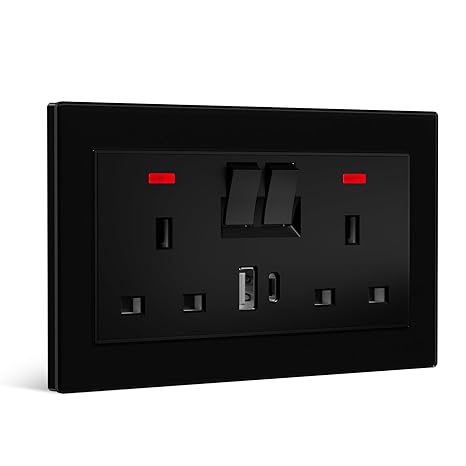 Double Switched Wall Socket,Electric Plug Sockets Outlets with 20W USB/USB-C,13 A,Glass Panel Outlet Compatible with 3 Pin UK Standard Plug,146mm Black