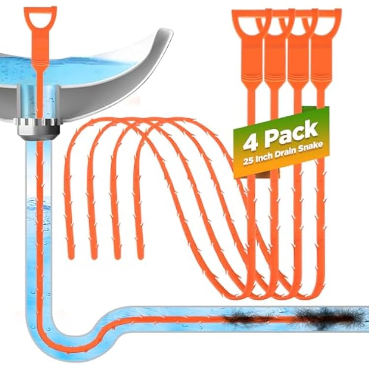 Forlivese 4 Pack 25 Inch Drain Snake,Drain Clog Remover,Sink Snake for Sewer Kitchen Sink Bathroom Tub Toilet Clogged Drains Relief Cleaning Tool