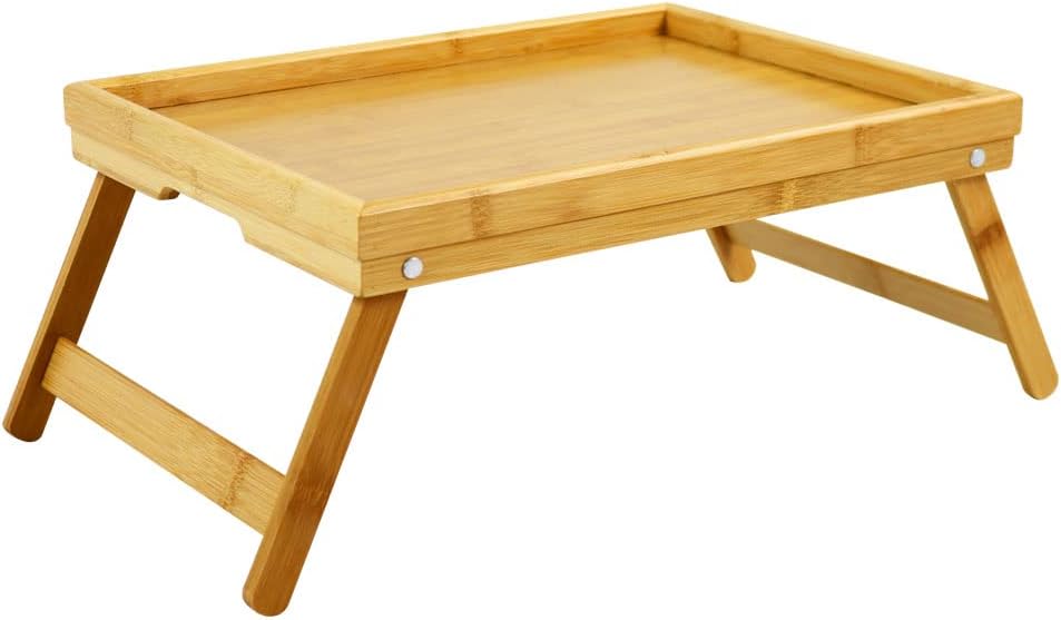 WKWKER Bamboo Breakast Trays With Folding Legs Portable Bed Tray Table Snack Serving Platters Tray Natural
