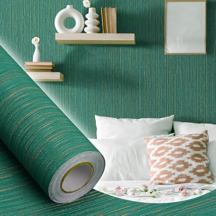 WADILE Grasscloth Wallpaper Peel and Stick Linen Stripes Wall Paper 15.7 in x 196.8 in Fabric Contact Paper Textured Linen Wallpaper Self-Adhesive Thick Vinyl Embossed Wallpaper Malachite Green
