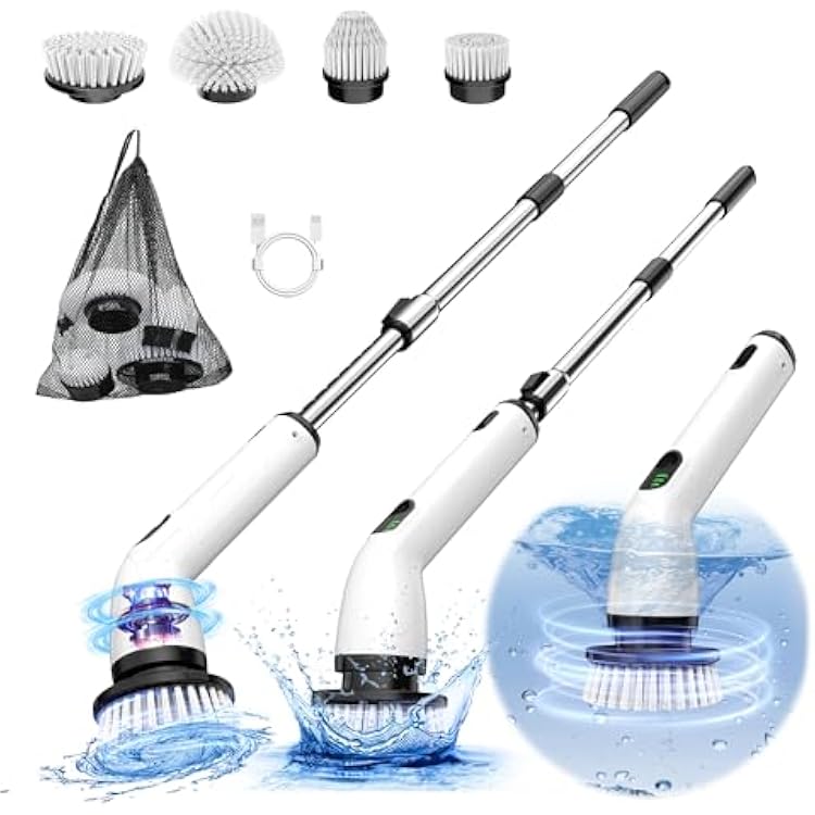 Electric Spin Scrubber, Full-Body IPX7 Waterproof Cordless Shower Scrubber with 4 Replaceable Heads, Upgraded Extension Handle, 2H Work Time, 2 Speeds for Bathroom Shower Tile Glass