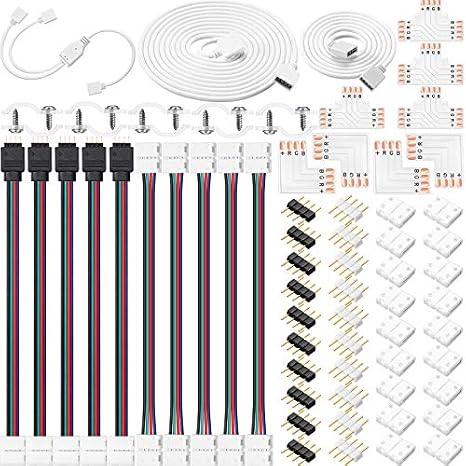 Honoson 4 Pin RGB LED Strip Connector Kit for 5050 LED Light Strips | L Corner, T Type, Jumper, Splitter, Gapless, Male Plug, Clips, Extension Cable Included