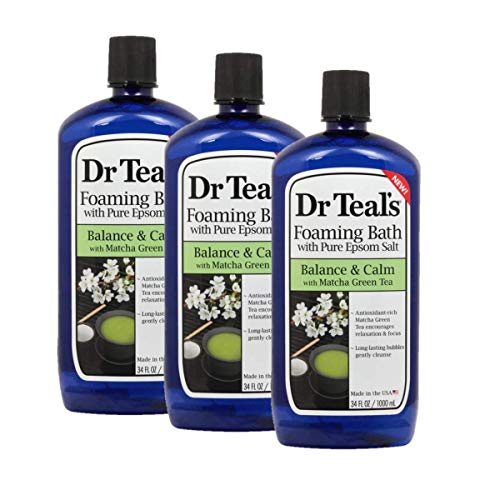 Dr Teals Epsom Salt Antioxidant Rich Matcha Green Tea Foaming Bath - Balance and Calm - Pack of 3, 34 Oz ea - Moisturize Your Skin, Relieve Stress and Sore Muscles, Long Lasting Bubbles