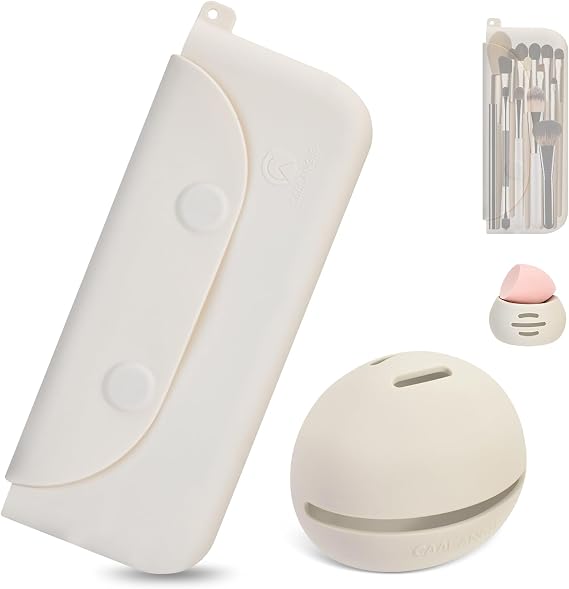 COOL-ANGLE Silicone Makeup Brush Holder And Beauty Sponge Case, Travel Makeup Brush Case With Magnetic Closure, Makeup Sponge Holder 2 In 1 Stand Storage For Quick Drying White