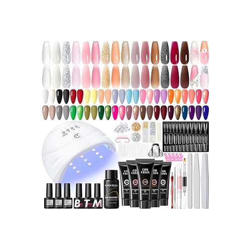 COSCELIA 67PC Two-Type Gel Nail Polish Kit with U V Light, 25pcs Gel Polish with 15 Colors Poly Extension Gels for Beginners with Everything Glitter Decorations French Manicure Gifts for Women