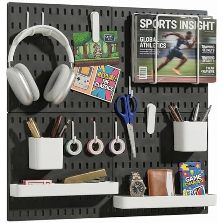 Keepo Peg Board Wall Organizer Plastic Pegboard Panels, Modular Peg Board Storage System for Home Office, Craft Room, Gaming Setup Black, 2222
