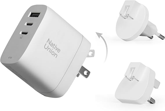 Native Union Fast GaN Charger PD67W Ultra-Compact Three-Port Power Delivery Enabled USB-C & USB-A Travel Charger Up to 67W MacBook Pro, iPads, iPhones, Pixel, Galaxy & More (White)