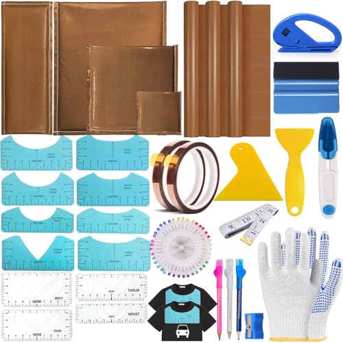 QUKLOGEN Heat Press Pillow Bundle Tools Kit Include 4 Heat Pressing Transfer Pillow Mat 3 Pack Teflon Sheet for Heat Press 2 Rolls Heat Resistant Tape 12 Different Size T Shirt Guide Ruler