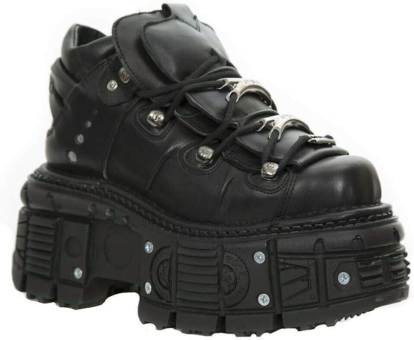 New Rock Ankle Boots M-TANK106-C2 Unisex Metallic Black 100% Leather Goth Emo Rock Platform 8.5