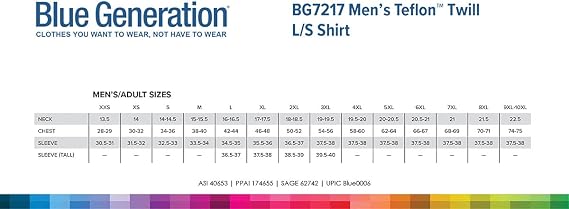 Blue Generation BG7217 - Men's Long Sleeve Teflon Treated Twill (2X-Large, Black)