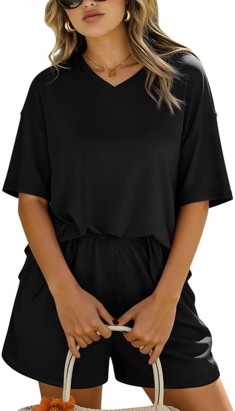 Marvmys Summer Womens 2Pcs Pajama Sets Short Sleeve Tops and Elatic Waist Shorts V Neck Casual Loose Loungewear S-XXL