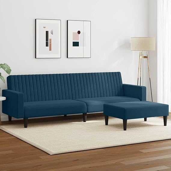 2-Piece Sofa Bed Set, Blue Velvet, Transformation Function, 220 x 84.5 x 69 cm, with Footstool, for Living Room, Camping