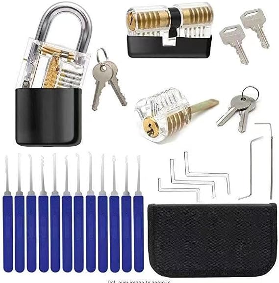 Professional Lock Pick Training Set with 30-Piece Tools, 2 Clear Practice Padlocks, Portable Case, Lock Picking Kit for Beginners