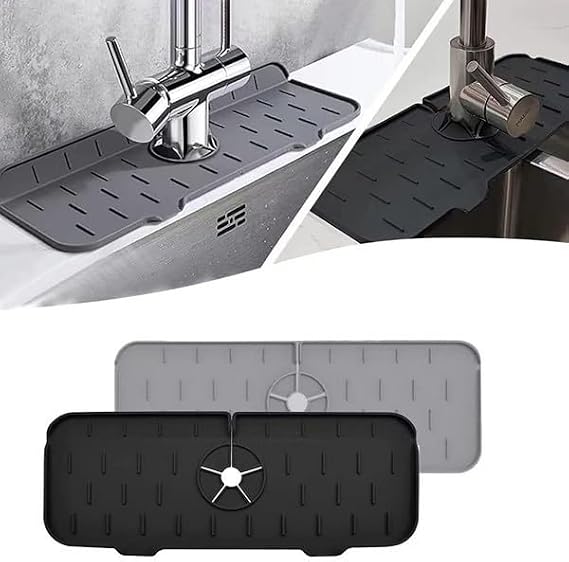 Deconox Silikon Musluk Matı ve Lavabo Sıçrama Önleyici – Mutfak ve Banyo İçin Su Tahliyeli Tezgah Koruyucu, Sünger ve Sabunluk Düzenleyici, Kaymaz Musluk Arkası Kurutma Pedi (ASORTİ)