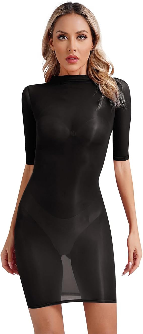 Women's Glossy Mesh Sheer Bodycon Ultra-Thin Dress One Piece Bodystocking Dresses