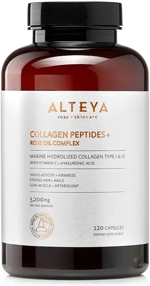 Alteya Organics Collagen Peptides & Rose Oil Complex Beauty Supplement with 3200mg Marine Hydrolyzed Collagen Type I & III, Vitamin C & Hyaluronic Acid Skin, Hair, Nail & Joint Support