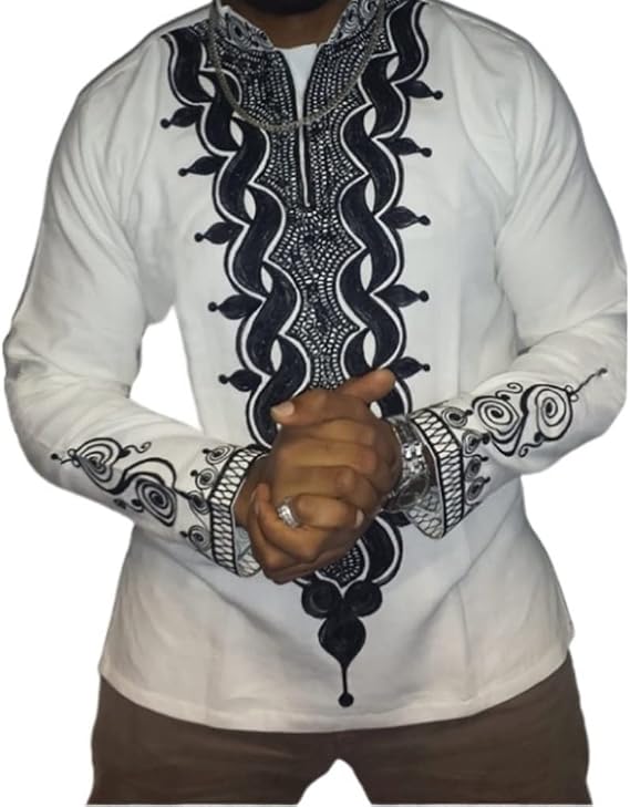 Mens Fashion Shirts Short Sleeve African Dashiki Tribal Floral Print Blouse Traditional Pattern Casual Pullover