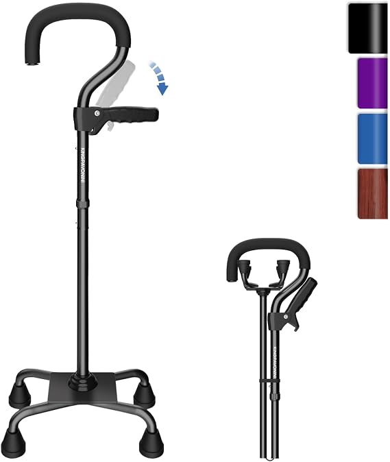 Walking Cane for Women Men, Anti-Slip 4-Prong Quad Cane, Black | Second Handle for Easy Stand-Up, Foldable Walking Sticks for Seniors Balance & Stability, 300LB Support, 5 Adjustable Heights