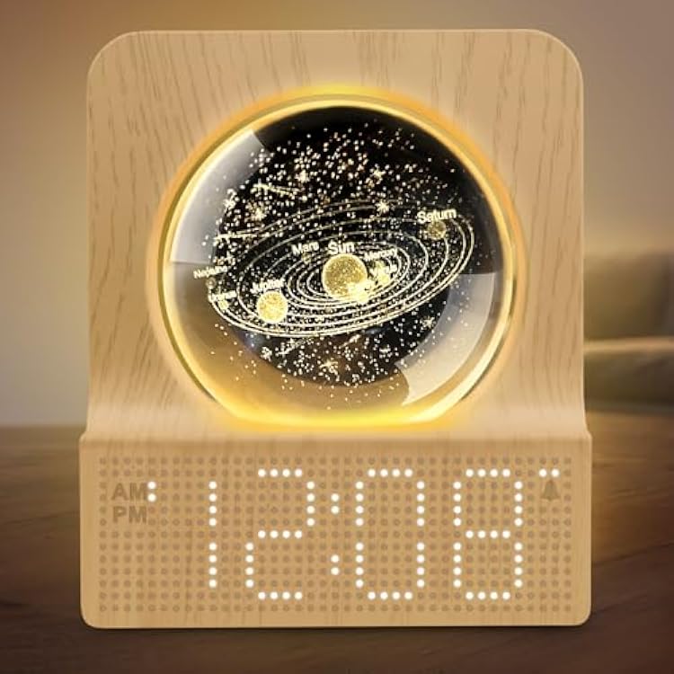 DreamSky Space Alarm Clock for Kids Teens, Small Digital Clock with RGB Night Light for Bedroom, Colorful Crystal Ball Decor for Living Room Office, Dimmer, Gifts for Boys Girls Women Wood Grain