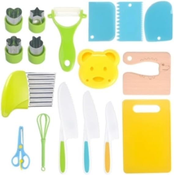 Children's Knives Kitchen Knives, Kids Cooking Set with Real Apron, Utensils, Safety Knife, Cutting Board, Vegetable and Fruit Cutter, Kids Knife, Eco-Friendly, Serrated Edge, Safe Operation, Kids