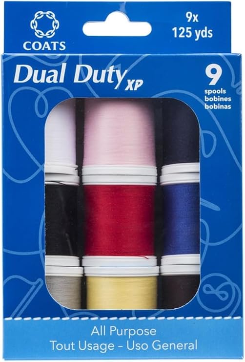 Coats & Clark Dual Duty XP Thread Set 9 Spools, 125 Yards Each All-Purpose Polyester Thread for Sewing Machines and Hand Stitching Assorted Colors