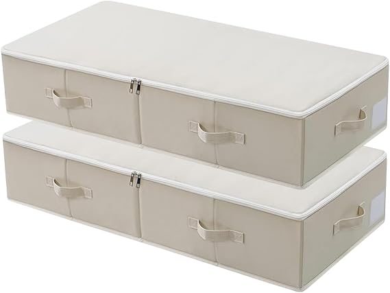 Foldable Underbed Storage Box with Plastic Support Lining, Blankets Clothes Comforter Storage Container Organiser for Bedroom and Closet, 90 x 42 x 18 cm, Beige, 2 Pieces