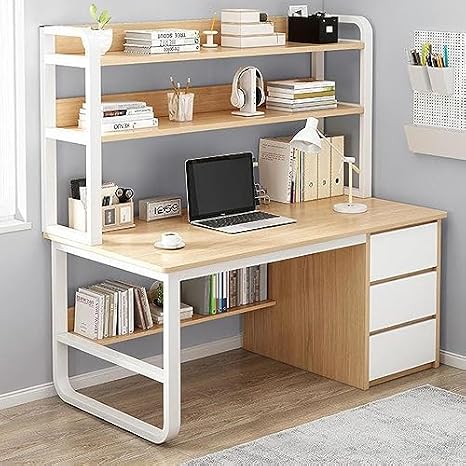 Home Office Desk with Bookshelf and 3 Drawers PC Study Writing Desk Student Writing Study Table Modern Simple Computer Desk/Workstation(39 Inch, White)