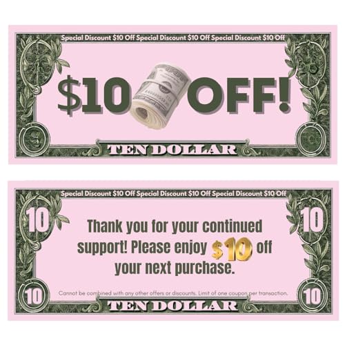 100pcs $10 Gift Voucher, Cash Coupon Loyalty Reward Cards for Small Business, Client Appreciation Thank You Coupons, Money-Style Discount Certificates
