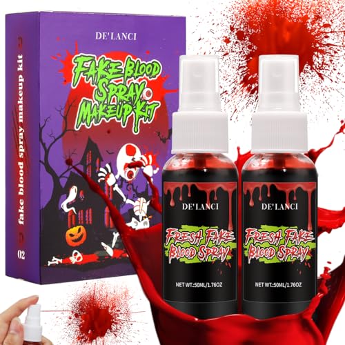 2 PCS Fake Blood Splatter ,DELANCI Halloween Fake Blood Makeup Kit Washable ,Special Effects Fake Blood Spray for Zombie Vampire Clown Cosplay Mouth Eyes Clothes Dress Up ,SFX Makeup Set Safe Paint ,100ml