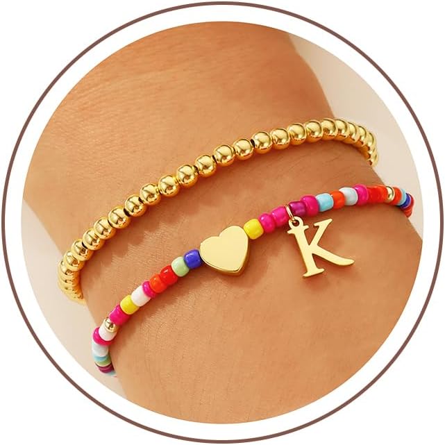 Ritach Colorful Beaded Initial Bracelets for Girls Kids - 2PCS Gold Cute Heart Initial Bracelet Stackable Gold Beaded Bracelet Stretchable Boho Initial Bracelets for Teen Girls Kids Birthday Gifts