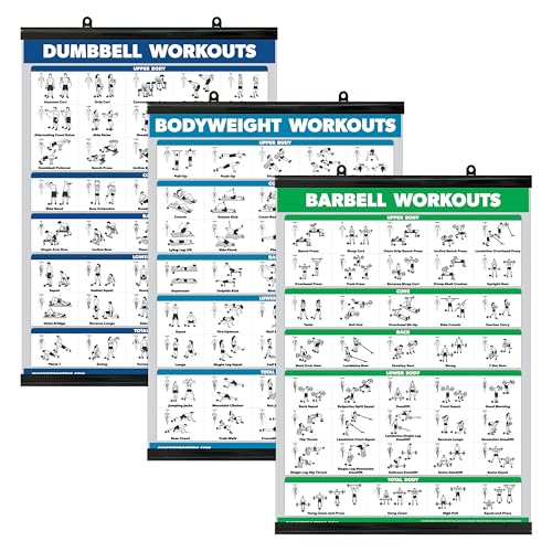 Palace Learning QUICKFIT 3 Pack - Dumbbell Workouts  Bodyweight Exercises  Barbell Routine Poster Set - Set of 3 Workout Charts Laminated WITH PLASTIC FRAME, 18 x 24