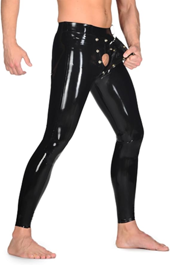 Men Black Latex Rubber Tight Long Pants Trousers with Detachable Codpiece Crotch Inside Openning JJ Hole (X-Large)