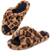 Snug Leaves Women's Fluffy Cross Band Open Toe Slippers with Indoor Outdoor Non Slip Sole