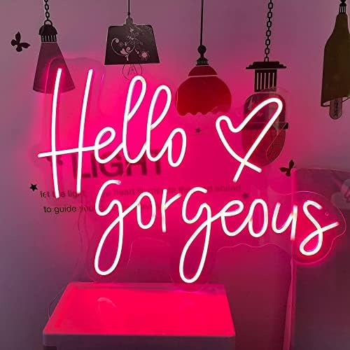 Neon Hello Gorgeous Signs for Wall Decor Wedding Light Pink Neon Lights for Bedroom Birthday Party, Bar, LED Neon Sign with Dimmer Switch for Christmas Decor Art Gift (Pink,21.65 x 15.35)