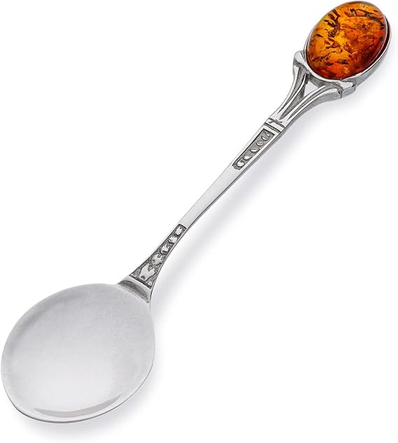 Small spoon for Boy or Girl, Sterling Silver Oxidised Oval Baltic Amber Cabochon, Silver Spoon Patras with Amber, Christening Birthday Gift