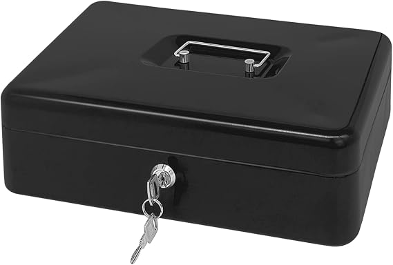 Steel Cash Box with Key Lock, Metal Small Money Organizer with Money Tray,Cash Storage Box with Lockable Cover (Black - 12 inch)
