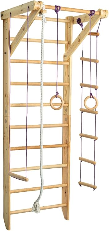 Wooden Sport Swedish Ladder - Wall Stall Bars with Pull Up Bar and Rope attachements - Suitable for Home, School, Gym, Yoga and Pilates Studio
