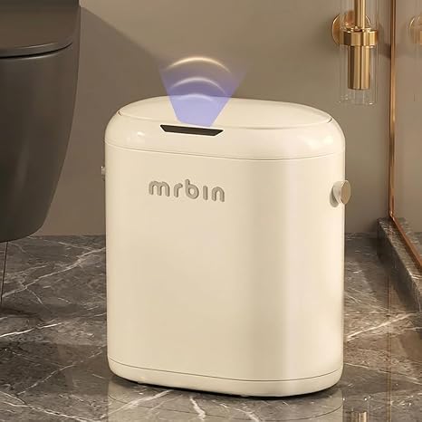 MRBIN Automatic Adsorption Metal Trash Can for Bathroom, Touchless Garbage Bin with Lid, 3.4 Gallon Slim Trash Can for Office and Bedroom, Electric Motion Sensor Waste Basket, Cream White