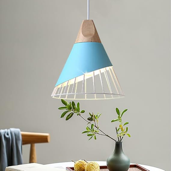 Modern Simple Pendant Lighting Creative Metal Pendant Lamp Solid Wood Cone Shape Adjustable Hanging Lights Cage Horn Chandeliers for Dining Rooms 1 Bulb Ø25CM (Blue) [Energy Class A+]