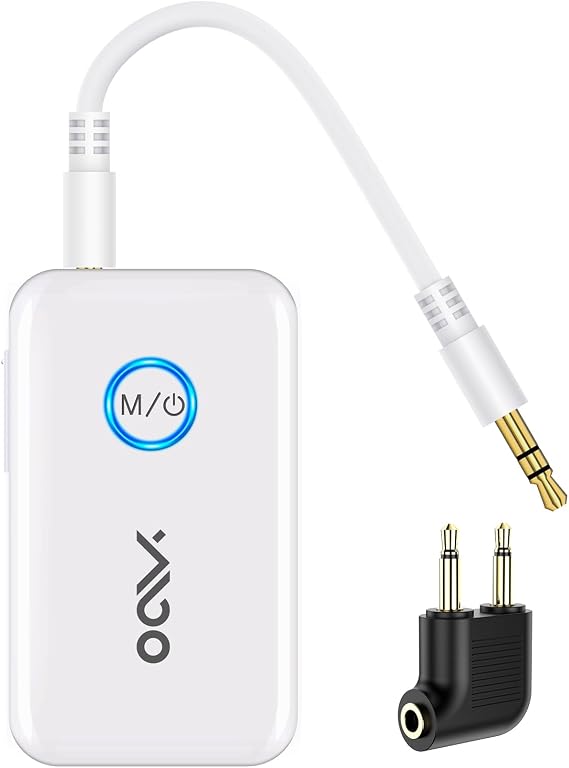 YMOO Bluetooth 5.3 Transmitter Receiver for 2 Wireless Headphones/Speaker/Airplane, 3.5mm Jack AUX Bluetooth Audio Adapter, 22h Long Range AptX Low Latency for Smarphone/Tablet/PC/TV/Home Stereo