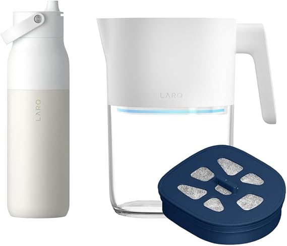 LARQ Hydrated Cheer Gift Set Pitcher PureVis 1.9L, Self-Cleaning UV Water Filter Pitcher for Tap and Drinking Water + Swig Top 34oz, Insulated Water Bottle With Built-In Silicone Handle