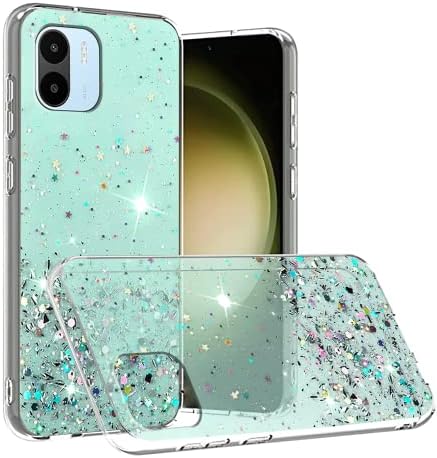 Compatible with Redmi A1 Case Glitter Clear Green, Phone Case for Xiaomi Redmi A2 Silicone Transparent Soft TPU Women Girls Shockproof Protective Slim Cover Green