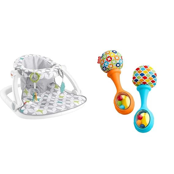 Fisher-Price Baby Portable Chair Sit-Me-Up Floor Seat with Developmental Toys & Machine Washable Seat pad & Newborn Toys Rattle 'n Rock Maracas, Set of 2 Soft Musical Instruments
