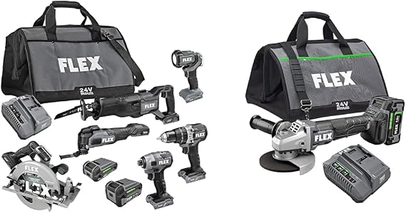 FLEX 24V 6-Tool Combo Kit with Hammer Drill, Impact Driver, Circular Saw, Multi-Tool, Reciprocating Saw, Work Light plus 5" Angle Grinder with 2 Batteries, Charger
