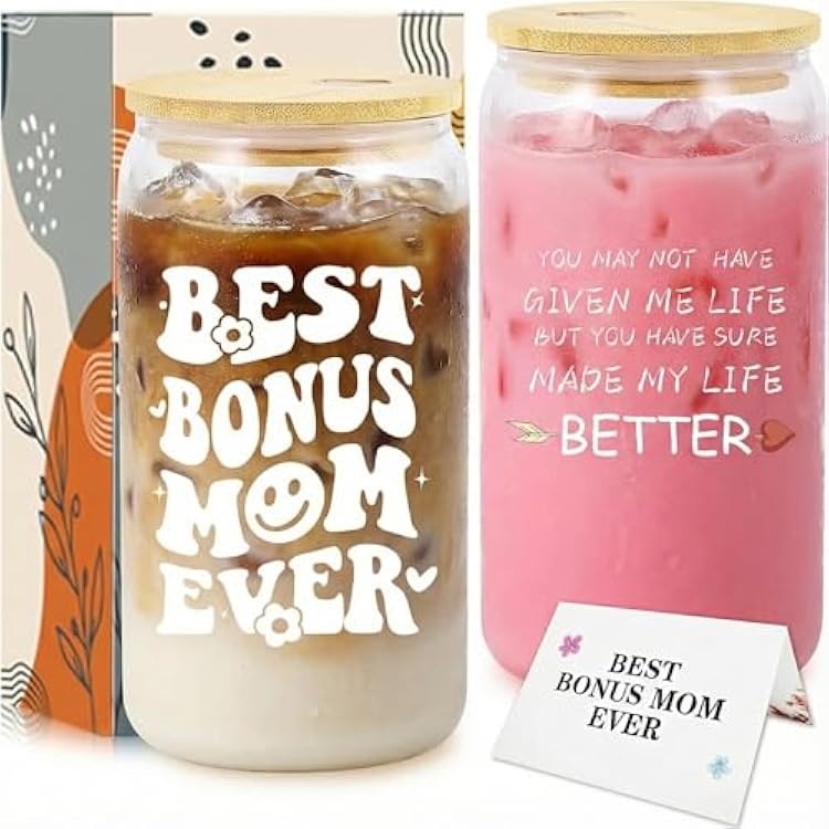 Bonus Mom Gifts Best Bonus Mom Ever 16oz Glass Cup with Lid Sentimental Stepmom, Mother in Law Birthday Gifts Adoption Day, Wedding Appreciation Idea for Step Mother